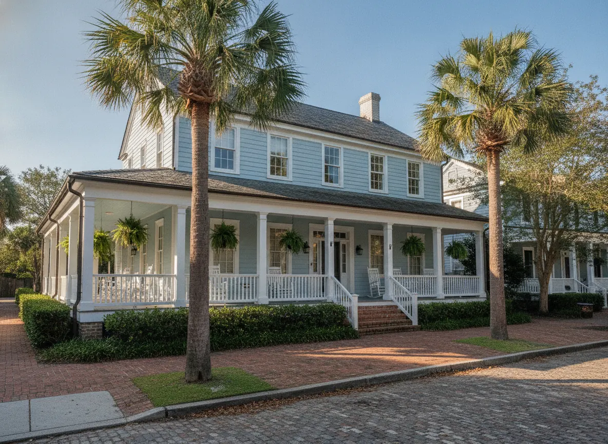Illustration of a Charleston single house with side piazzas and palmetto trees
