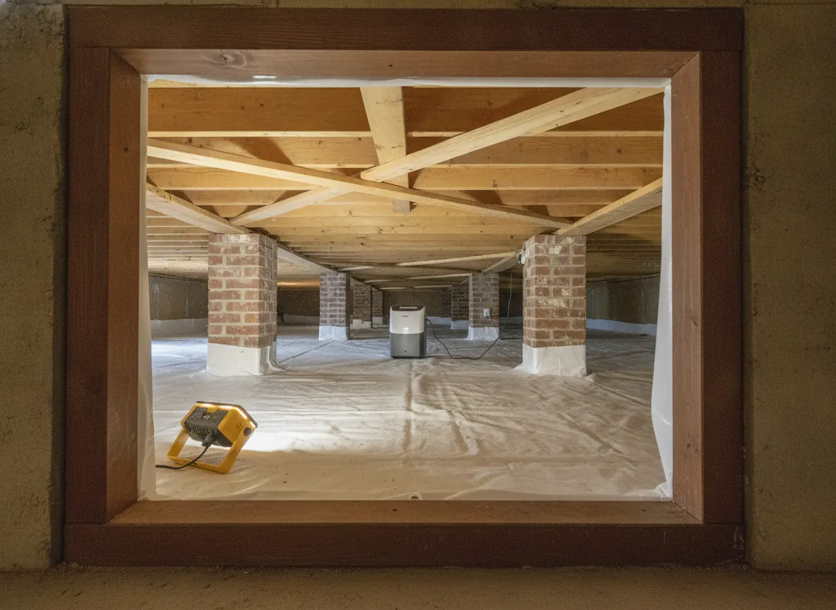 Low encapsulated crawl space with brick piers and a dehumidifier