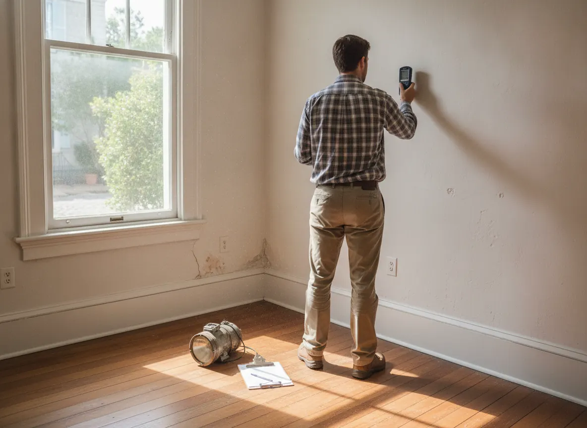 Moisture meter held against a plaster wall during a mold inspection