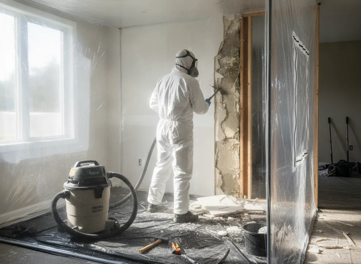 Technician in coveralls removing wet drywall inside plastic containment
